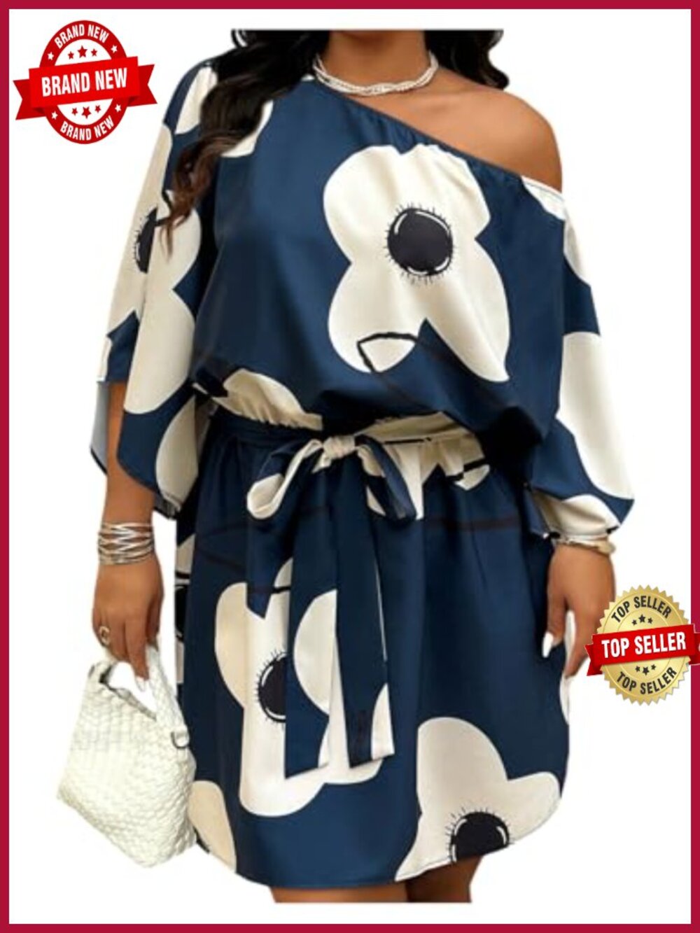 Plus Size Floral Off Shoulder Half Sleeve A-Line Belted Short Dress